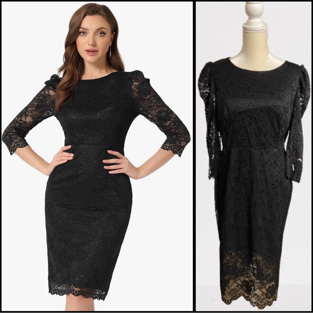 NWT Allegra K Elegant Lace Dress 3/4 Sleeve Cocktail Bodycon Dress Size XL Black